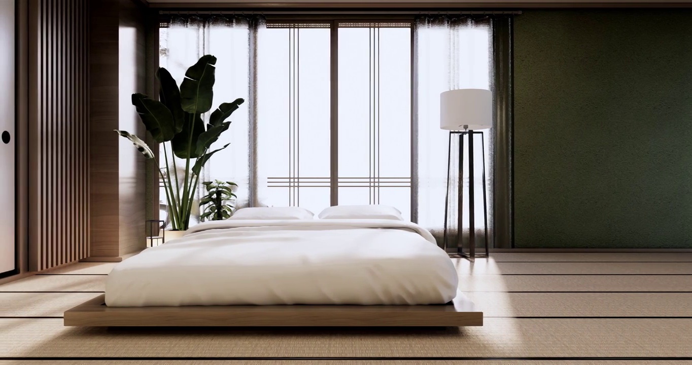 室内模拟与禅宗床植物和装饰在日本绿色卧室。3 d渲染。视频下载