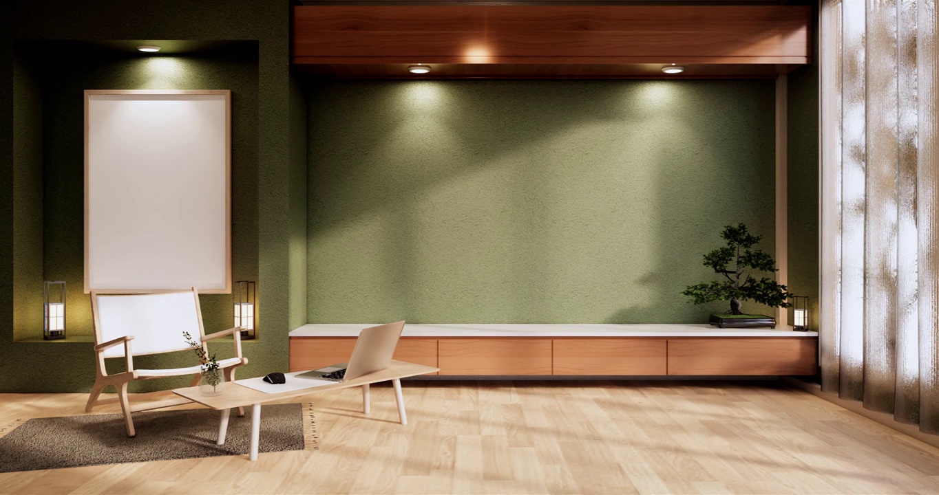 薄荷空房间白色木地板室内设计。三维渲染视频下载