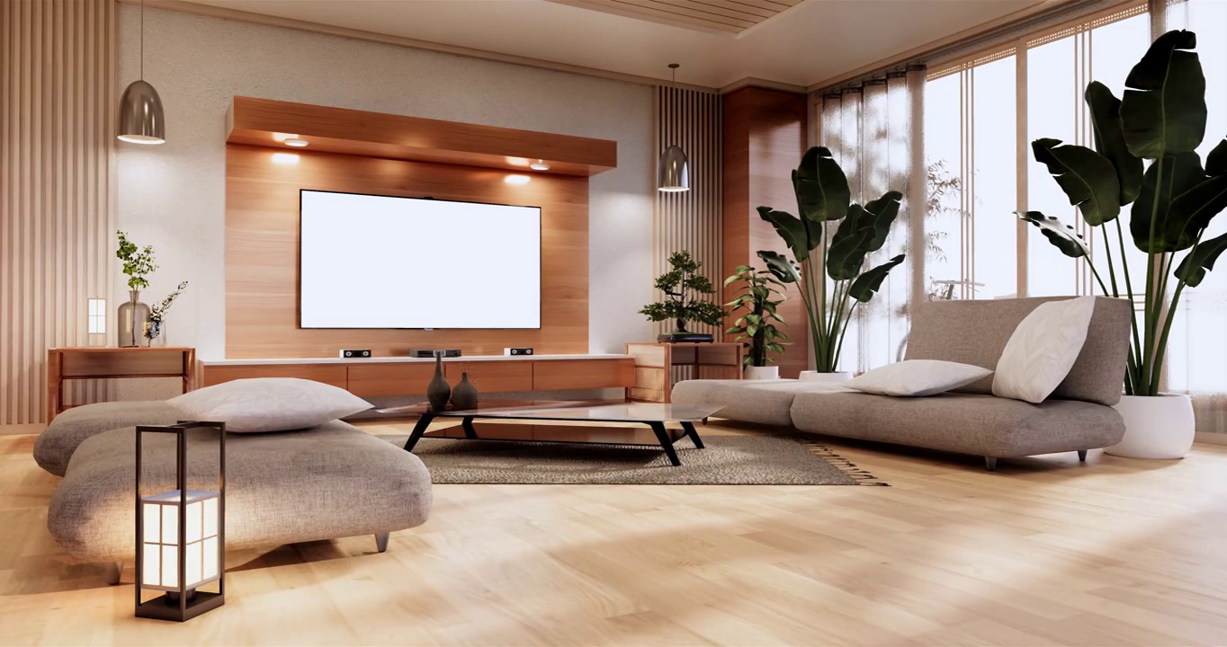阁楼风格，木地板上的白色墙壁，地毯上的沙发扶手椅。三维渲染视频下载