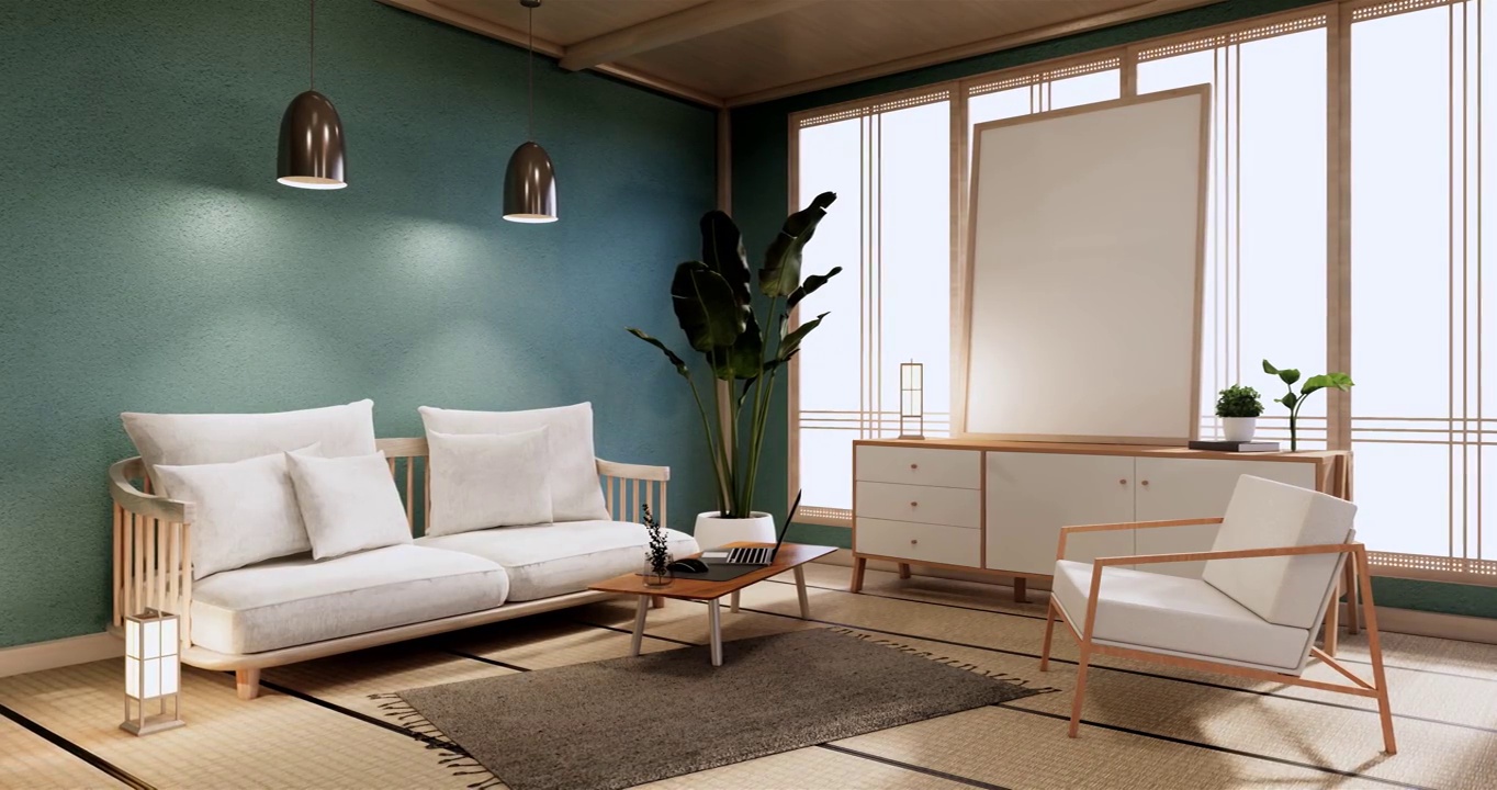 薄荷墙设计房间装饰，灯，植物，地毯，沙发。三维渲染视频下载