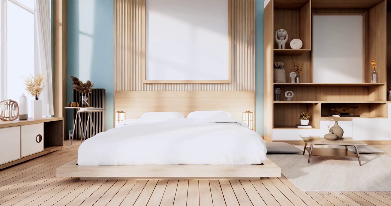 室内模拟与禅宗床植物和装饰在日本薄荷卧室。3 d渲染。视频下载