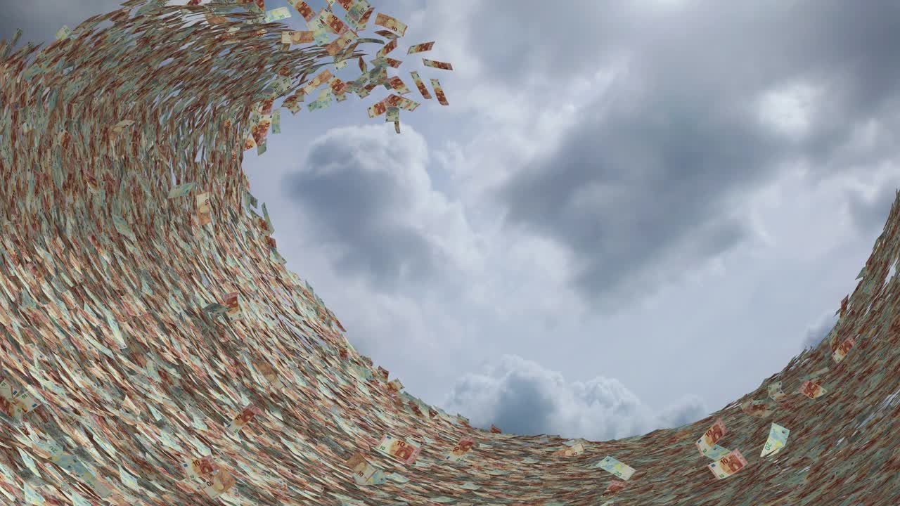 一个由钞票构成的大浪在天空衬托，阳光透过云层照射进来视频下载