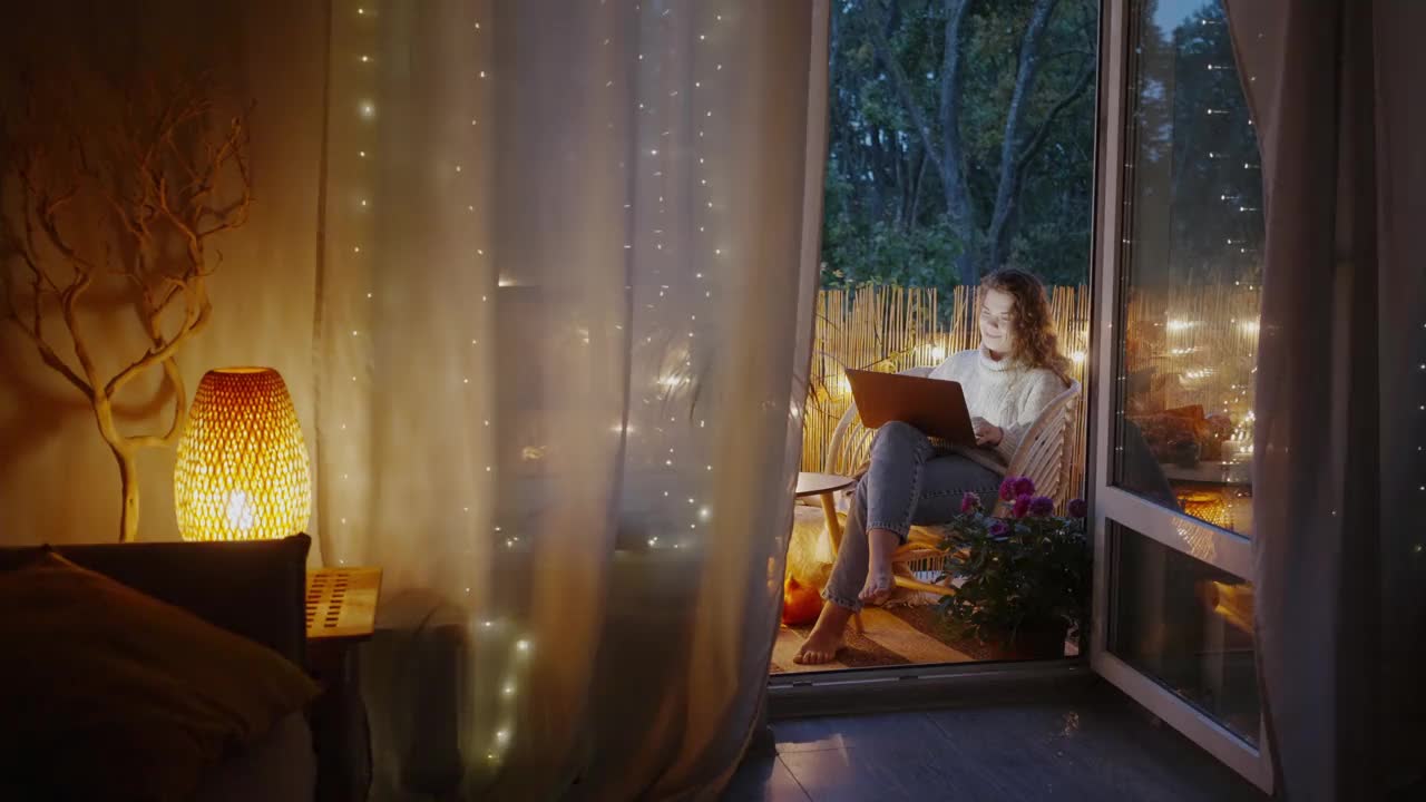 秋夜，女士坐在阳台上用笔记本电脑打字视频下载