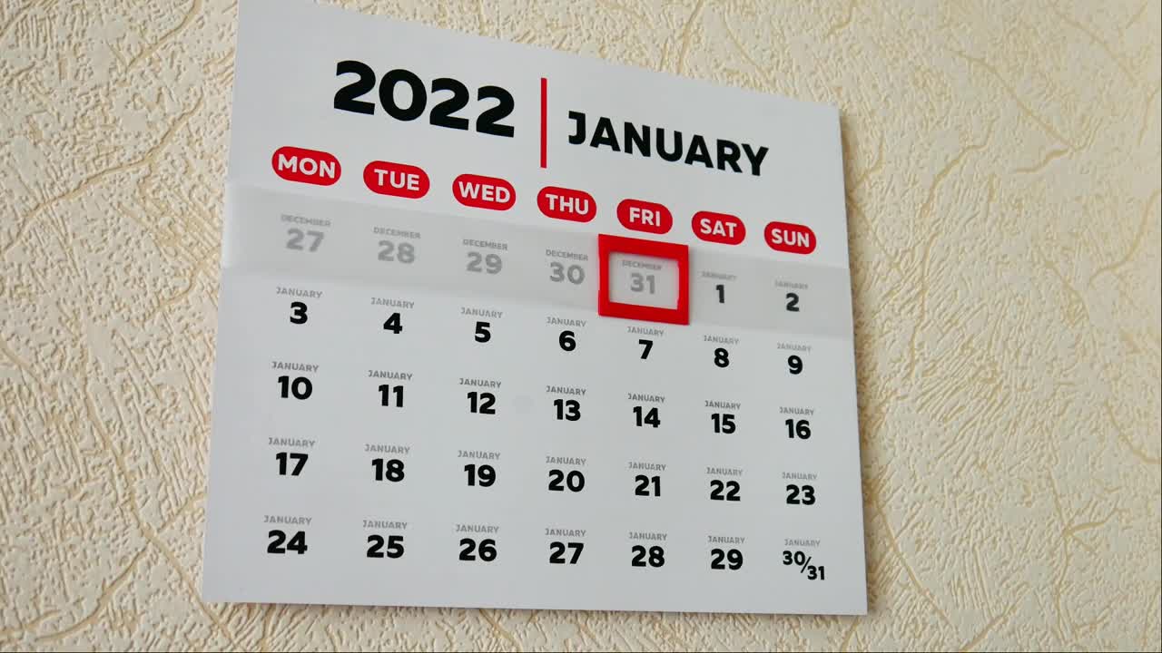 放大挂历的第一页，一只男性的手将红色光标移到2022年1月1日视频素材