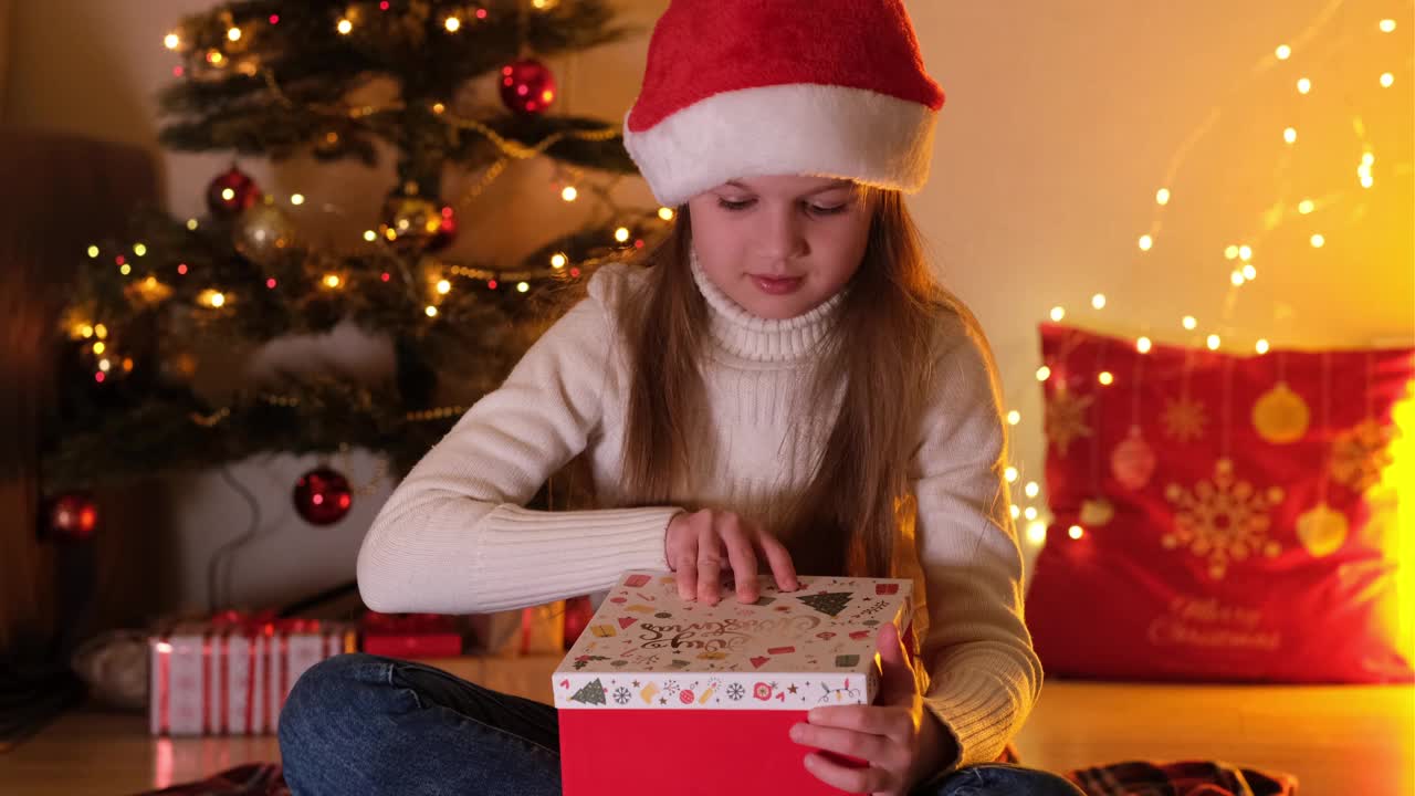 圣诞快乐，节日快乐。可爱的女孩与魔法礼物在家附近的圣诞树和壁炉。晚上，孩子们在装饰好的树旁玩耍视频下载