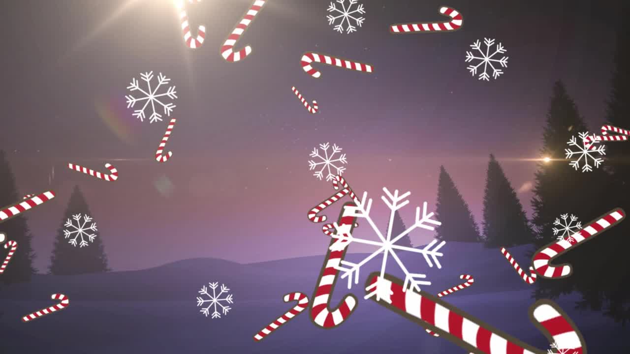 糖果藤图标和雪花落在流星在冬季景观视频素材