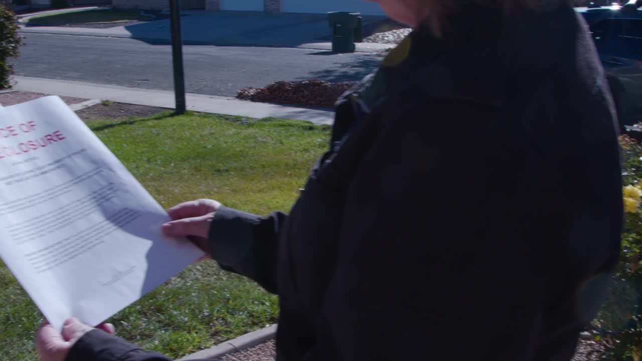 一个白人妇女的手握着一张纸的止赎通知的特写镜头视频下载