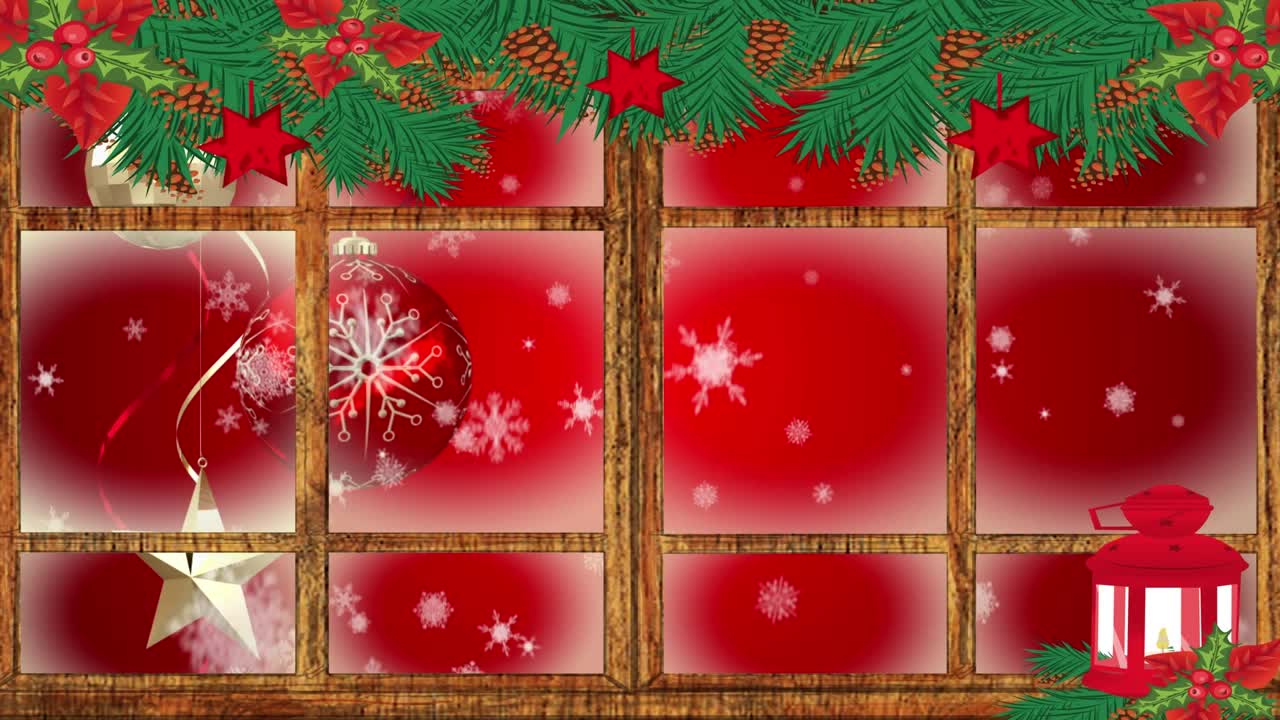 红色的圣诞灯和木制窗框映衬着红色的雪花飘落视频素材