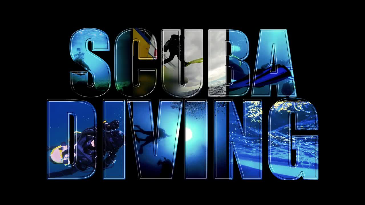 水肺潜水视频蒙太奇-动画文本在黑色背景视频素材