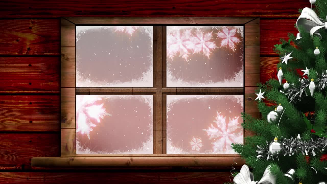 圣诞树和木制窗框上的雪花漂浮在红色的背景视频素材