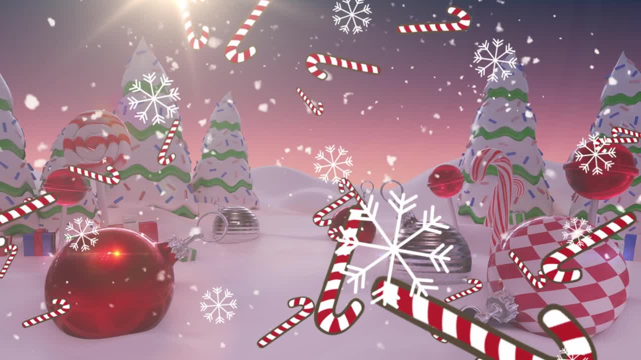 糖果甘蔗图标和雪花落在schastlivogo rozhdestva文本在冬季景观视频素材