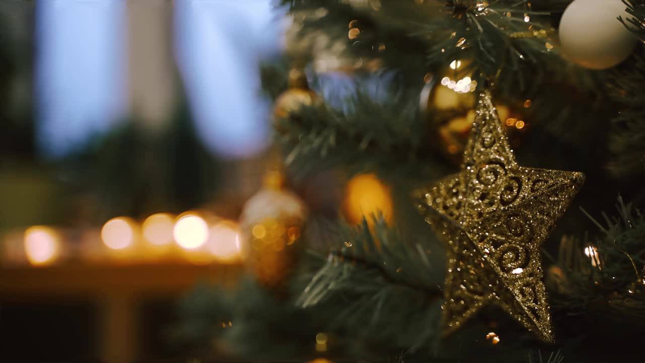 在冬天的夜晚，家里有一棵圣诞树，上面有花环和玩具。4 k的视频视频素材