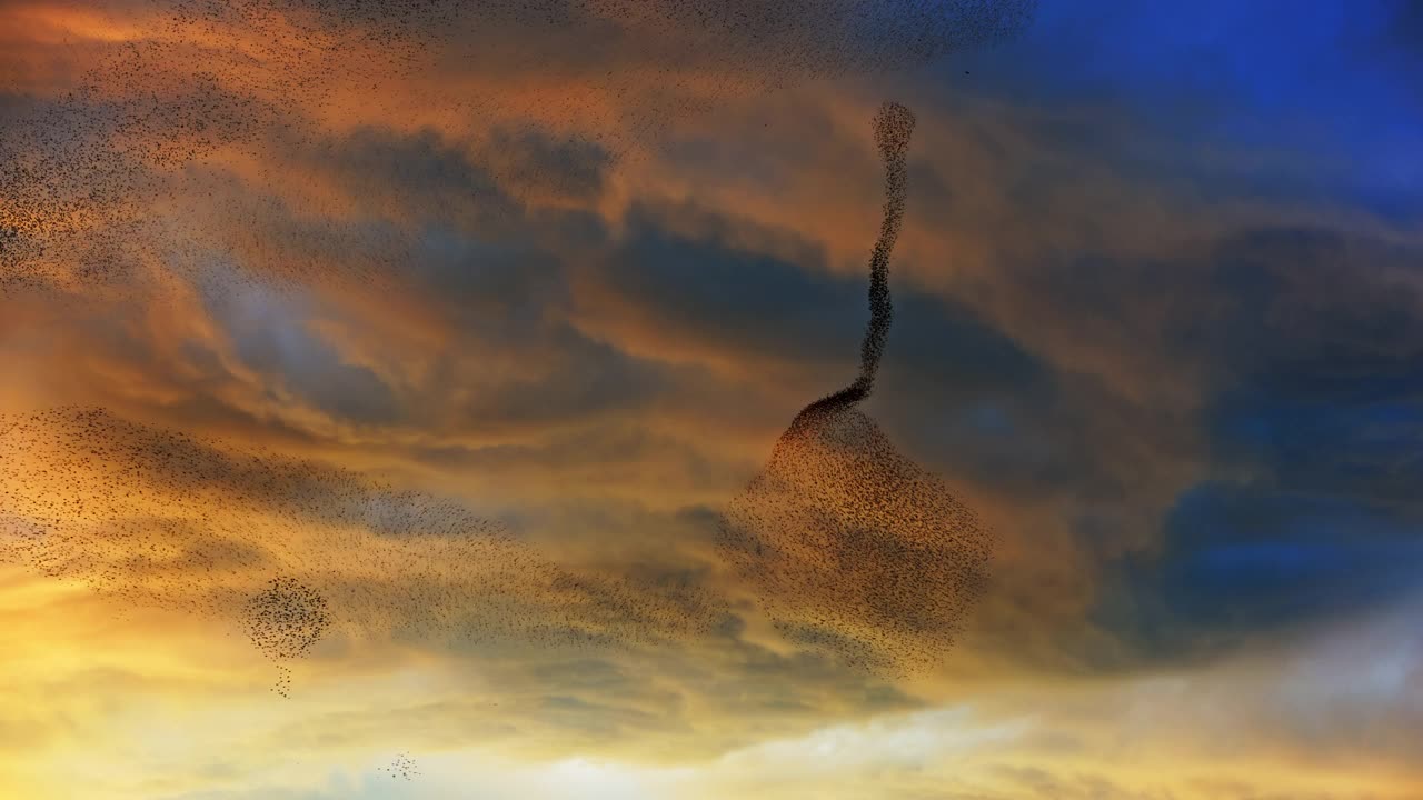成群敏捷的欧椋鸟在夕阳的天空中形成图案视频素材