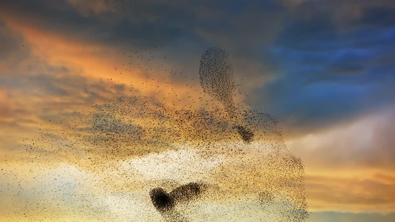 成群的欧椋鸟盘旋着飞过天空视频素材