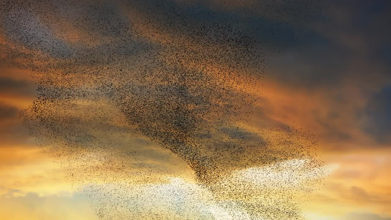 一群欧椋鸟像芭蕾舞一样在天空中飞翔视频素材