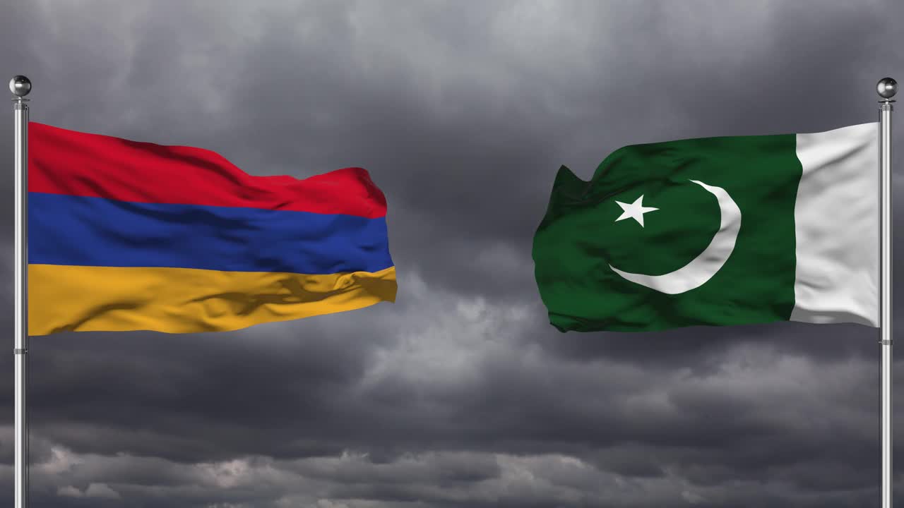 亚美尼亚和巴基斯坦国旗互相挥舞|可循环。视频素材