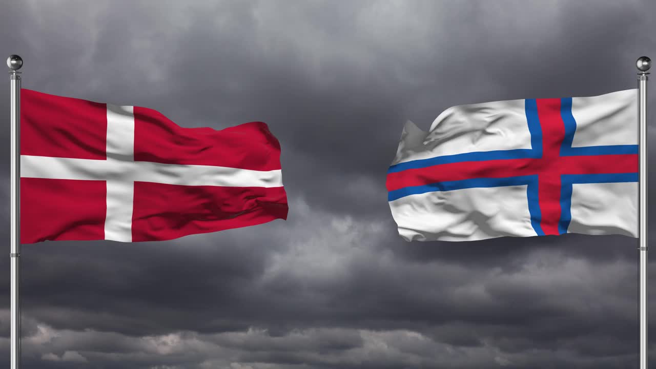 丹麦和法罗群岛国旗互相挥舞|循环。视频素材