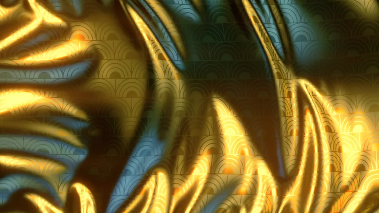 皇家设计模板的金色闪光织物在风与几何复古图案。数字无缝循环动画。3 d渲染。4K，超高清分辨率视频素材