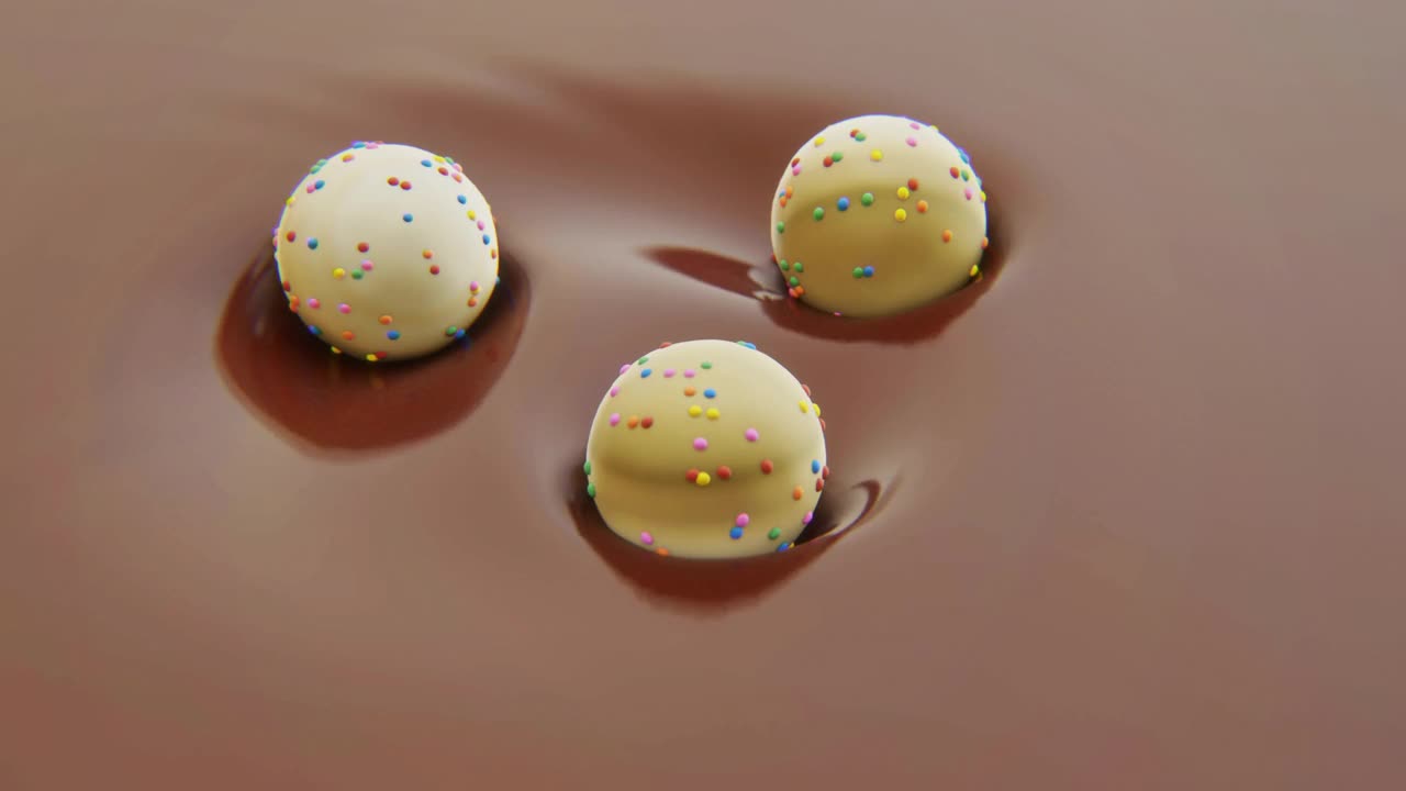 三颗糖果在巧克力中运动的4k视频。视频素材