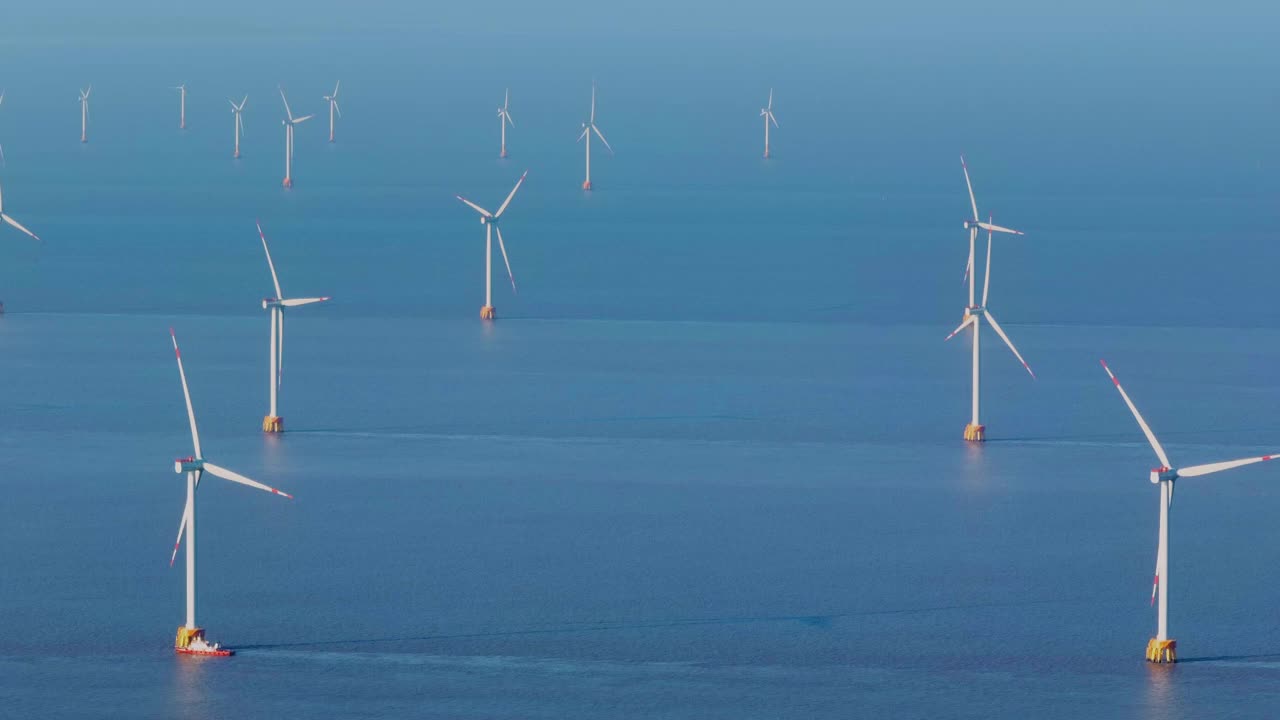 中国东海风力涡轮机的高角度视图，距上海20公里视频下载