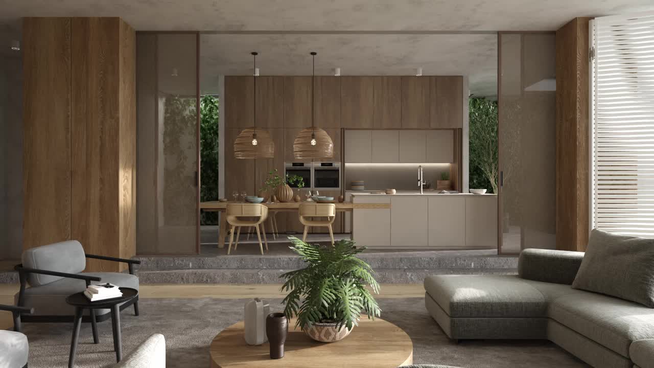 斯堪的纳维亚风格的室内公寓。客厅设计采用波西米亚自然木家具。3d渲染视频动画场景。视频下载