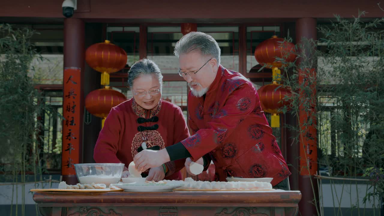 老夫妇春节包饺子的幸福视频素材