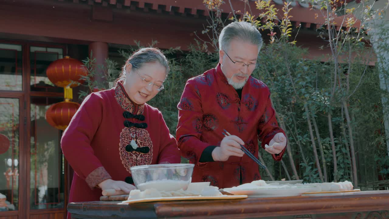 老夫妇春节包饺子的幸福视频素材