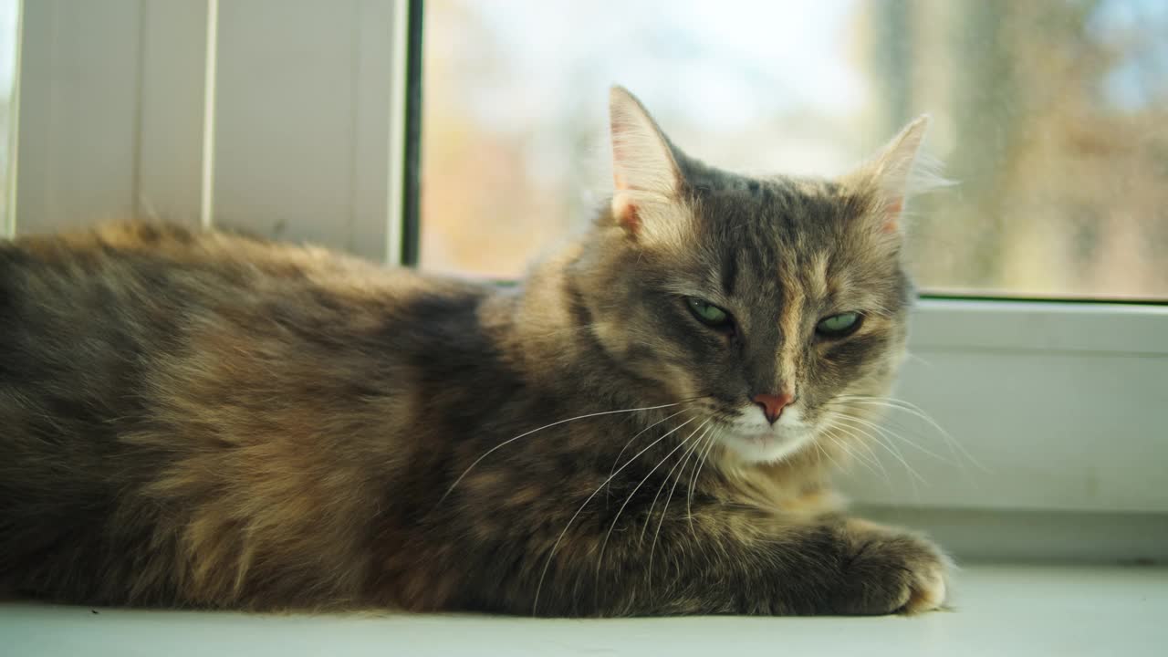 猫躺在窗台上的特写。小灰猫在窗边休息。毛茸茸的纯种宠物放松。家中客厅里的家畜。没有最好的朋友视频素材