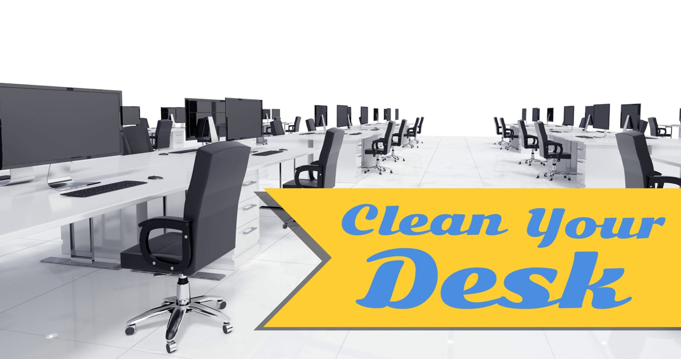 动画清洁您的办公桌文本在空办公室与书桌，椅子和电脑视频下载