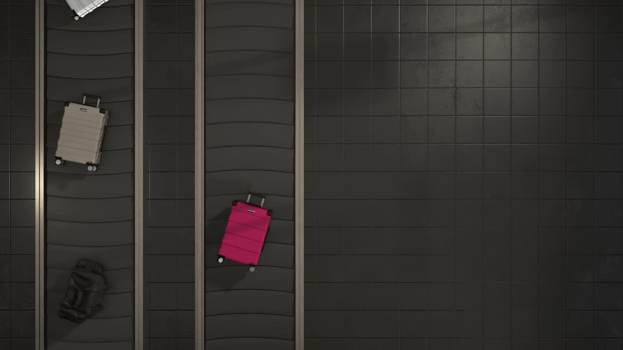 行李移动在机场传送带头顶视图可循环。现实的3 d动画。不同颜色的手提箱。光地板上。黑色的简约主义。垂直视频下载