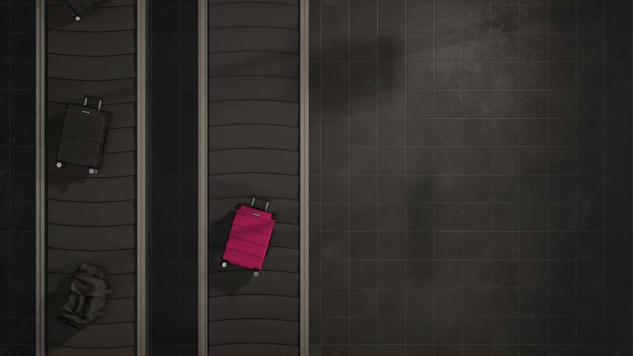 行李移动在机场传送带头顶视图可循环。现实的3 d动画。光地板上。黑色极简主义和粉色。垂直视频下载