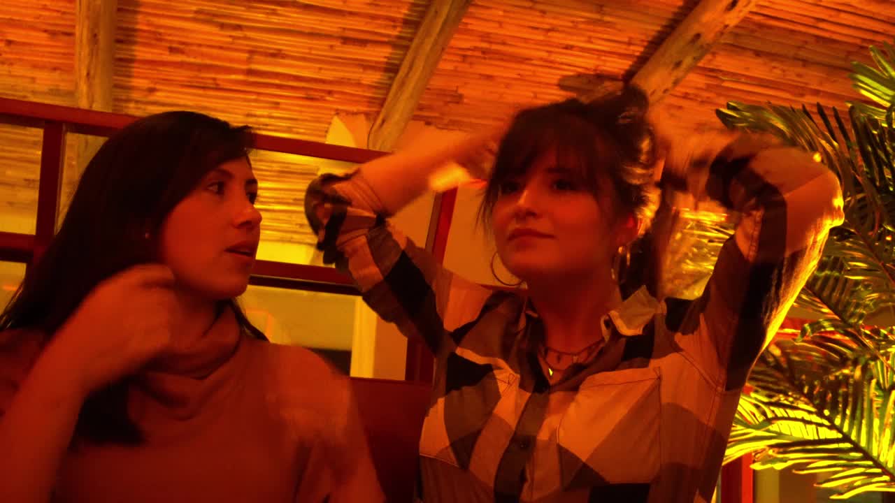 两个朋友在一家餐馆里坐着，梳着头发拍照，互相玩耍视频下载