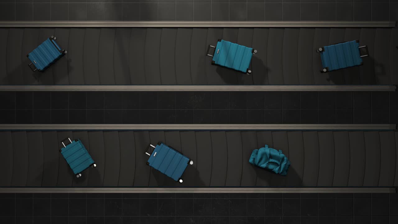 行李移动在机场传送带头顶视图可循环。现实的3 d动画。蓝色的手提箱。光地板上。黑色的简约主义。水平视频下载