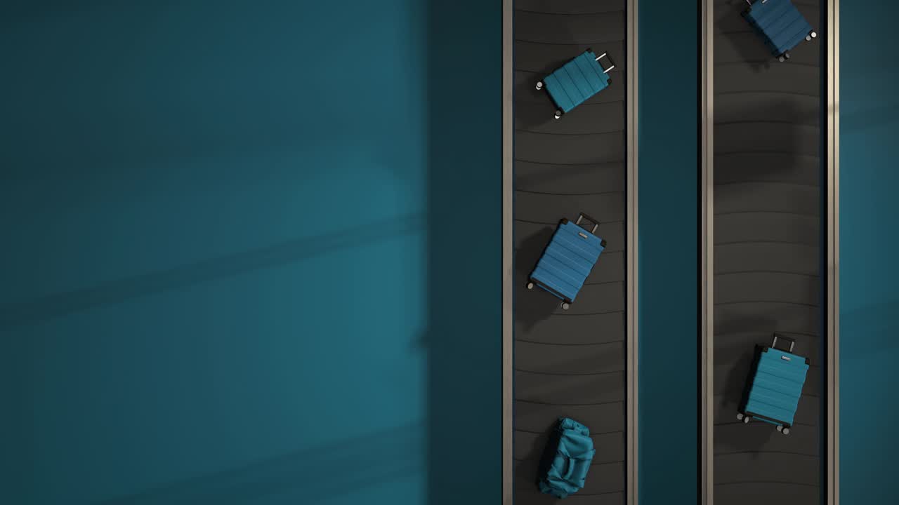 行李移动在机场传送带头顶视图可循环。现实的3 d动画。蓝色的手提箱。光地板上。蓝色的极简主义。垂直视频下载
