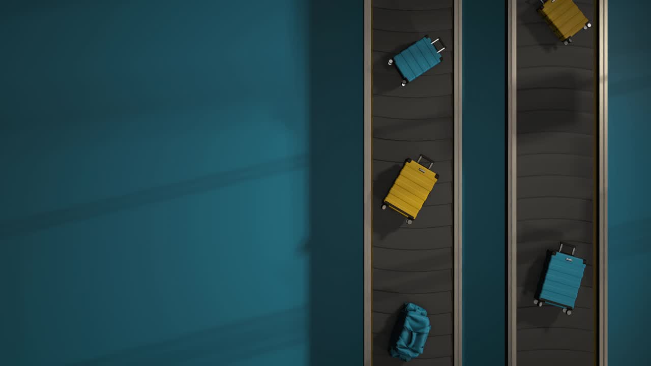 行李移动在机场传送带头顶视图可循环。现实的3 d动画。蓝色和黄色的手提箱。光地板上。蓝色的极简主义。垂直。视频下载