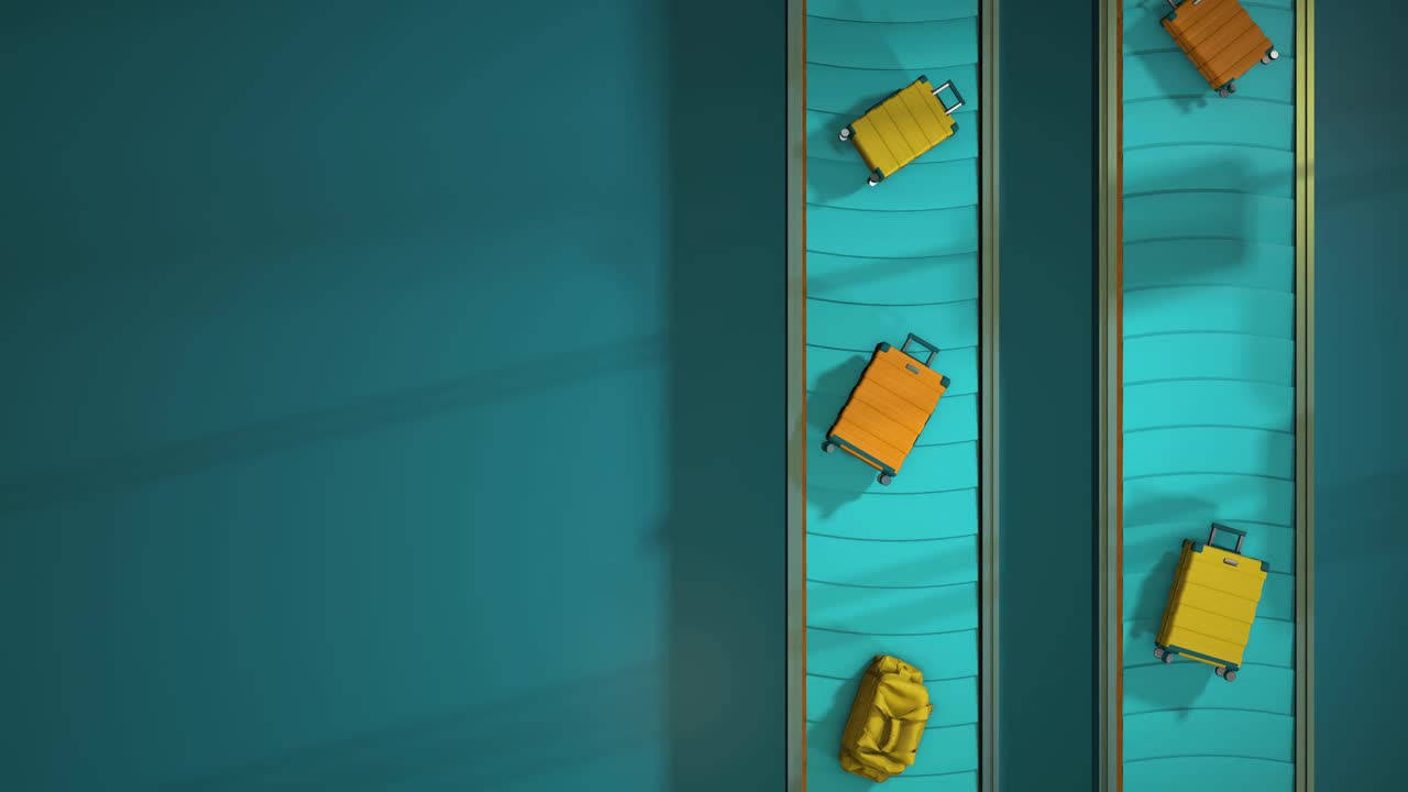行李移动在机场传送带头顶视图可循环。现实的3 d动画。橙色和黄色的手提箱。光地板上。蓝色的极简主义。垂直视频下载