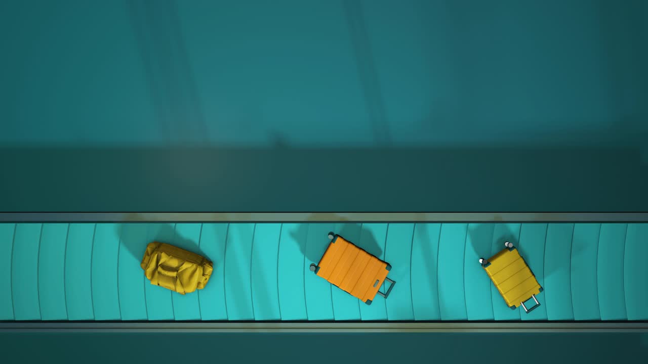 行李移动在机场传送带头顶视图可循环。现实的3 d动画。黄色的手提箱。光地板上。蓝色的极简主义。水平视频下载