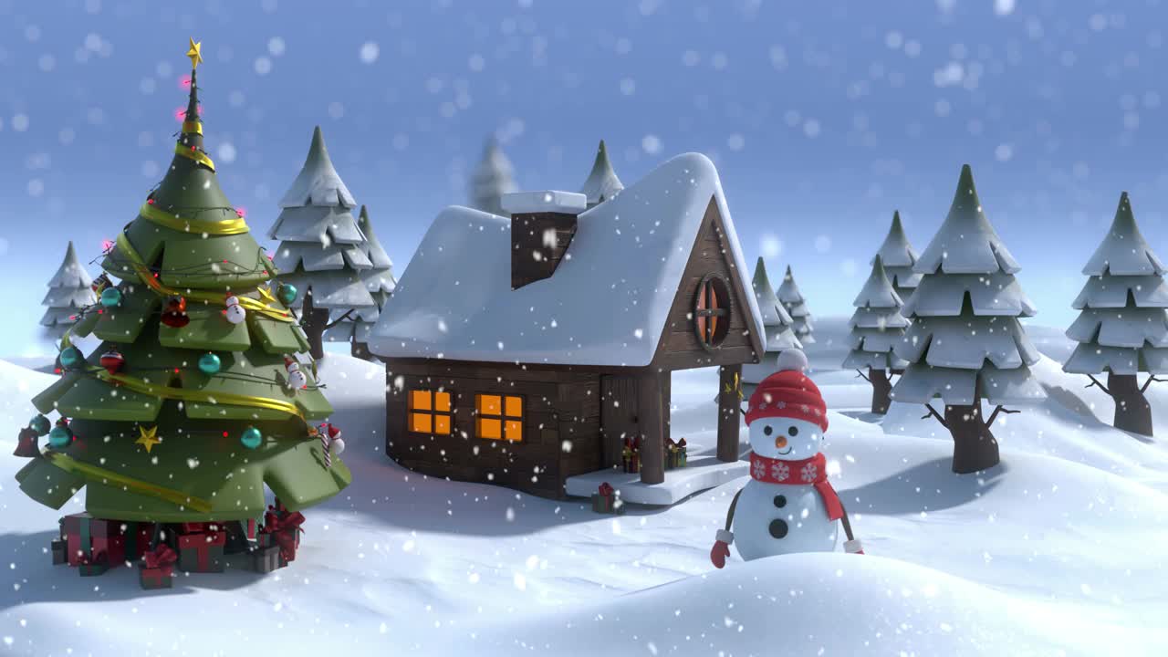 动画的雪落在微笑的雪人和圣诞树在冬天的风景4k股票视频视频素材