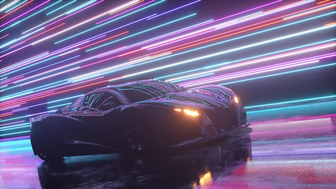 未来的概念。跑车在发光的霓虹灯线的背景。蓝色紫色。三维动画无缝循环视频下载