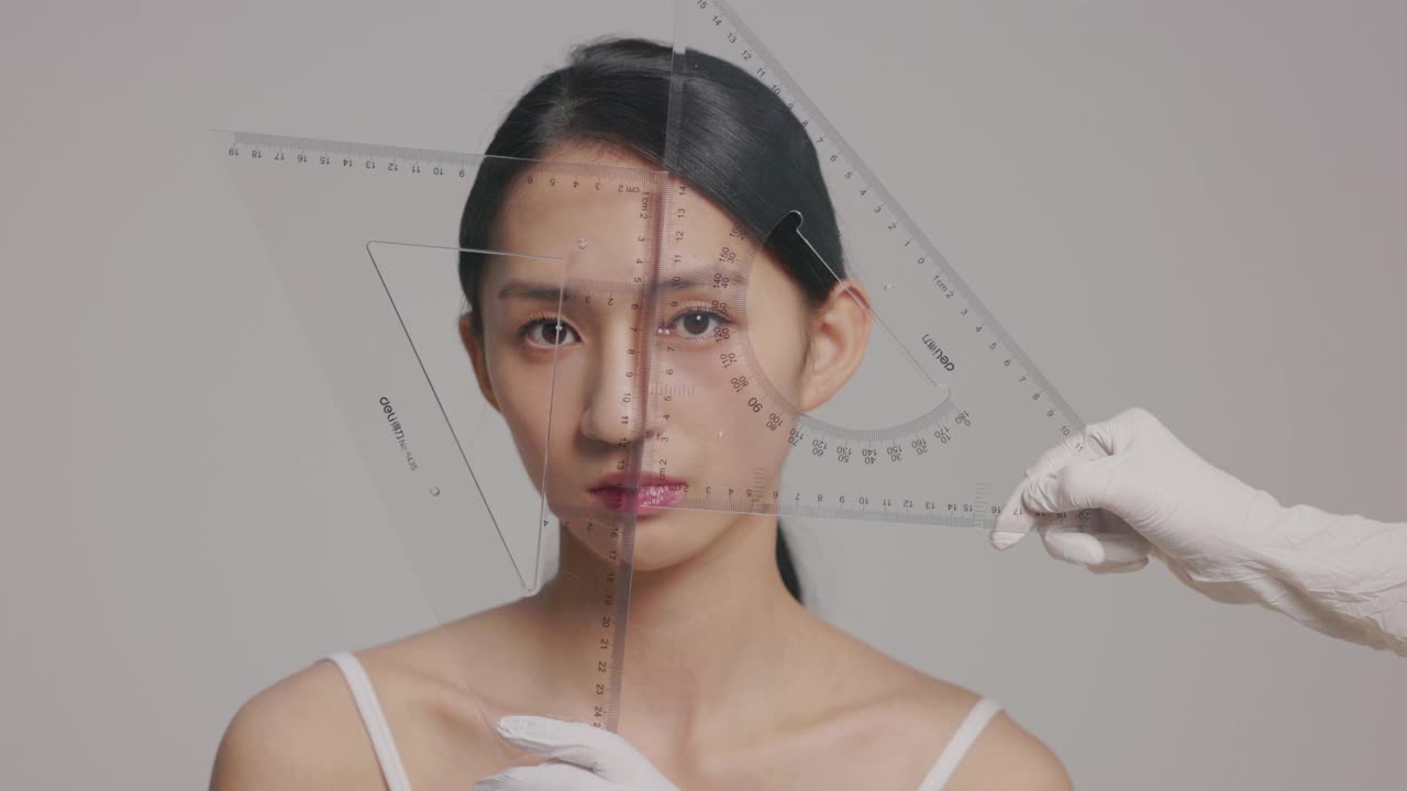 整形外科医生测量年轻女性的脸视频下载