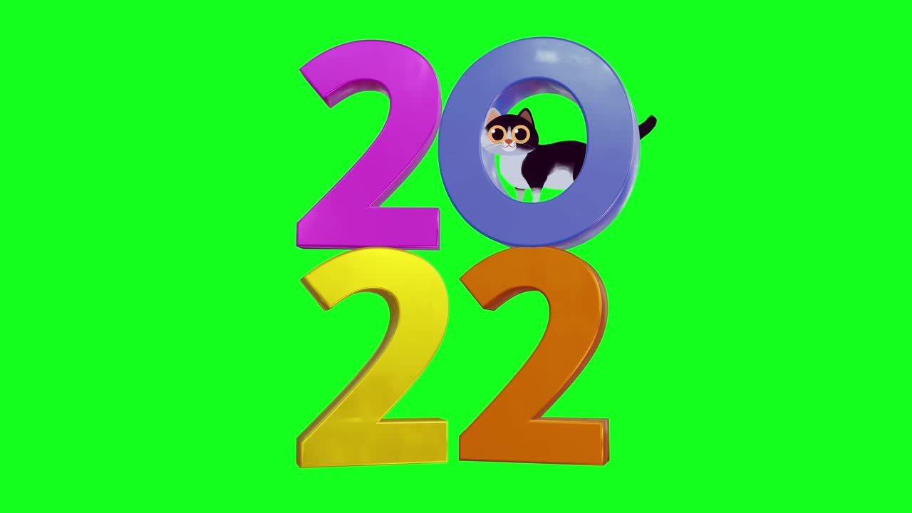 2022年新年猫概念。孤立在绿色屏幕背景。视频素材