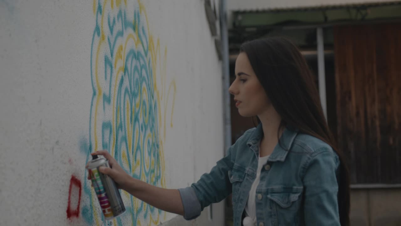 女涂鸦艺术家在墙上涂鸦视频下载