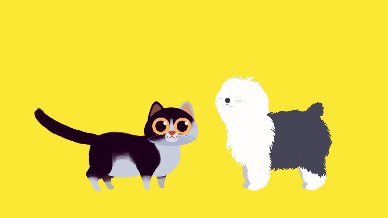 猫和狗，概念目前的产品或服务营销设计模板，空白可循环，孤立的黄色背景视频素材