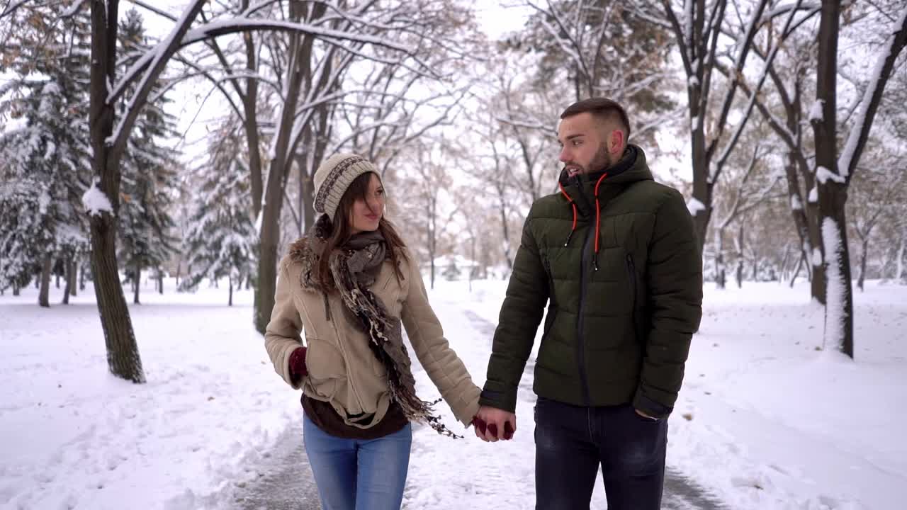 年轻夫妇手牵着手走过雪天公园视频素材