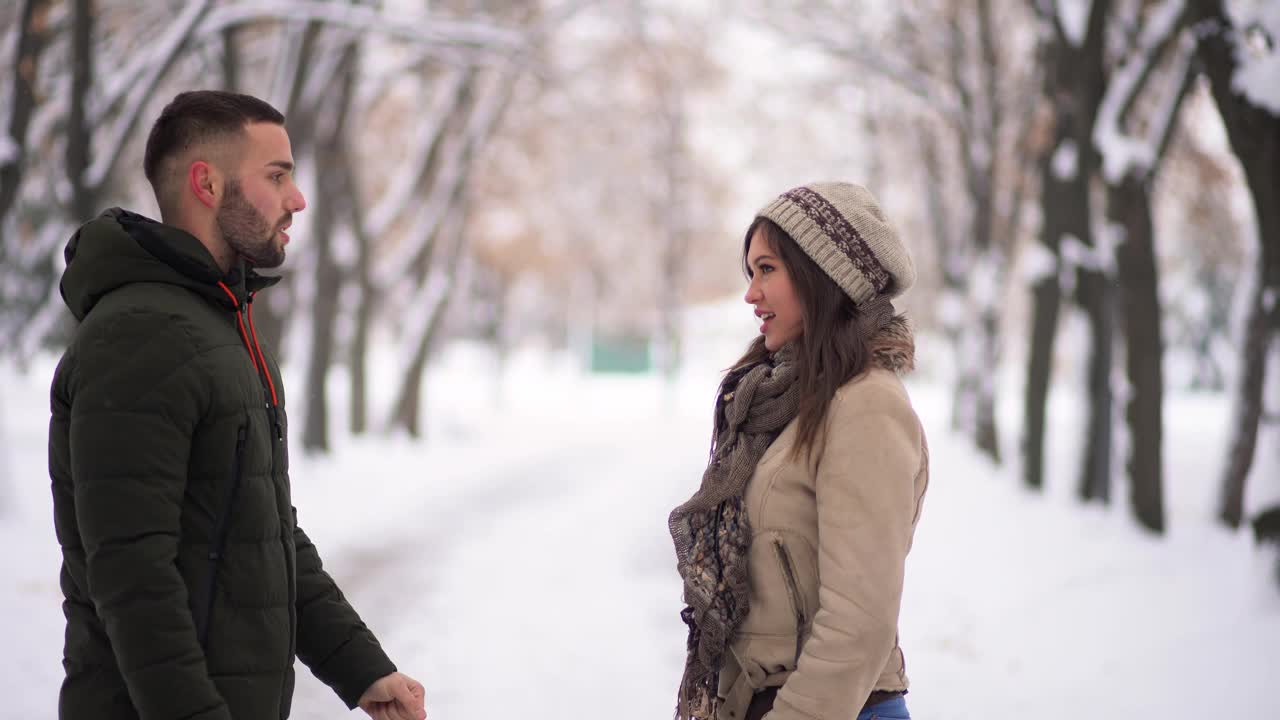 年轻情侣在白雪公园接吻视频下载