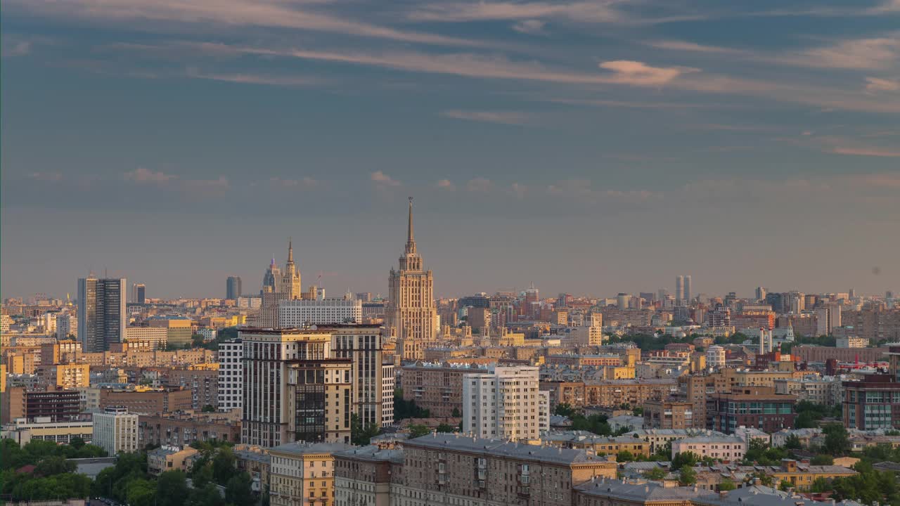 日落黄昏莫斯科市景空中全景4k时间跨度的俄罗斯视频下载