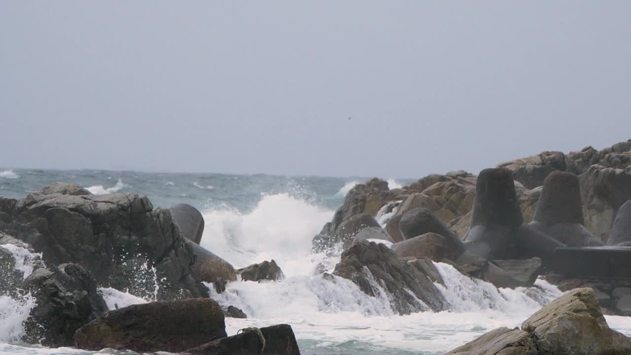 海浪拍打海堤的风景/韩国庆尚北道盈德郡视频下载