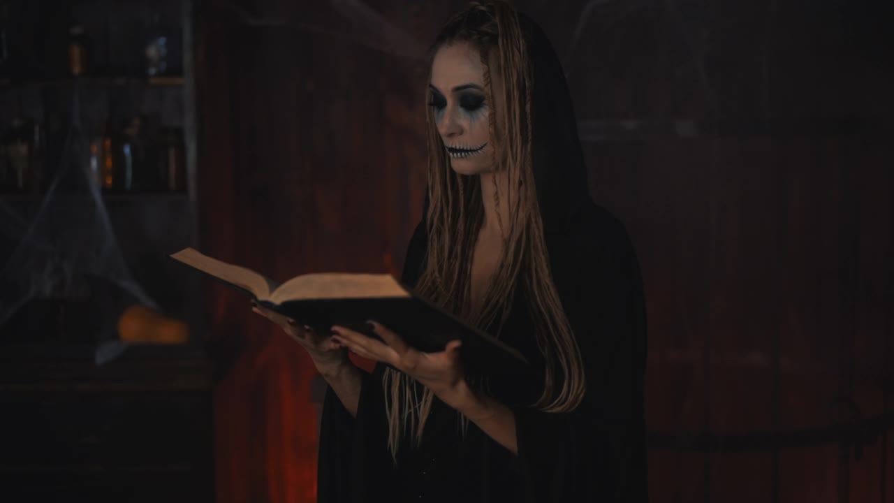 万圣节的概念。女巫穿着黑色头巾和脏辫站在黑暗的地牢房间使用魔法书魔术咒语吹魔术灰尘在相机视频素材
