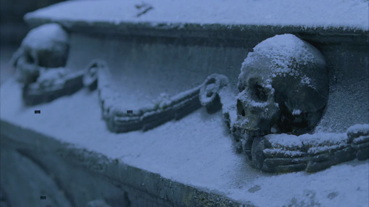 石棺盖闭合角。雕刻的头骨衔着月桂树枝。雪盖住了棺材盖。视频下载