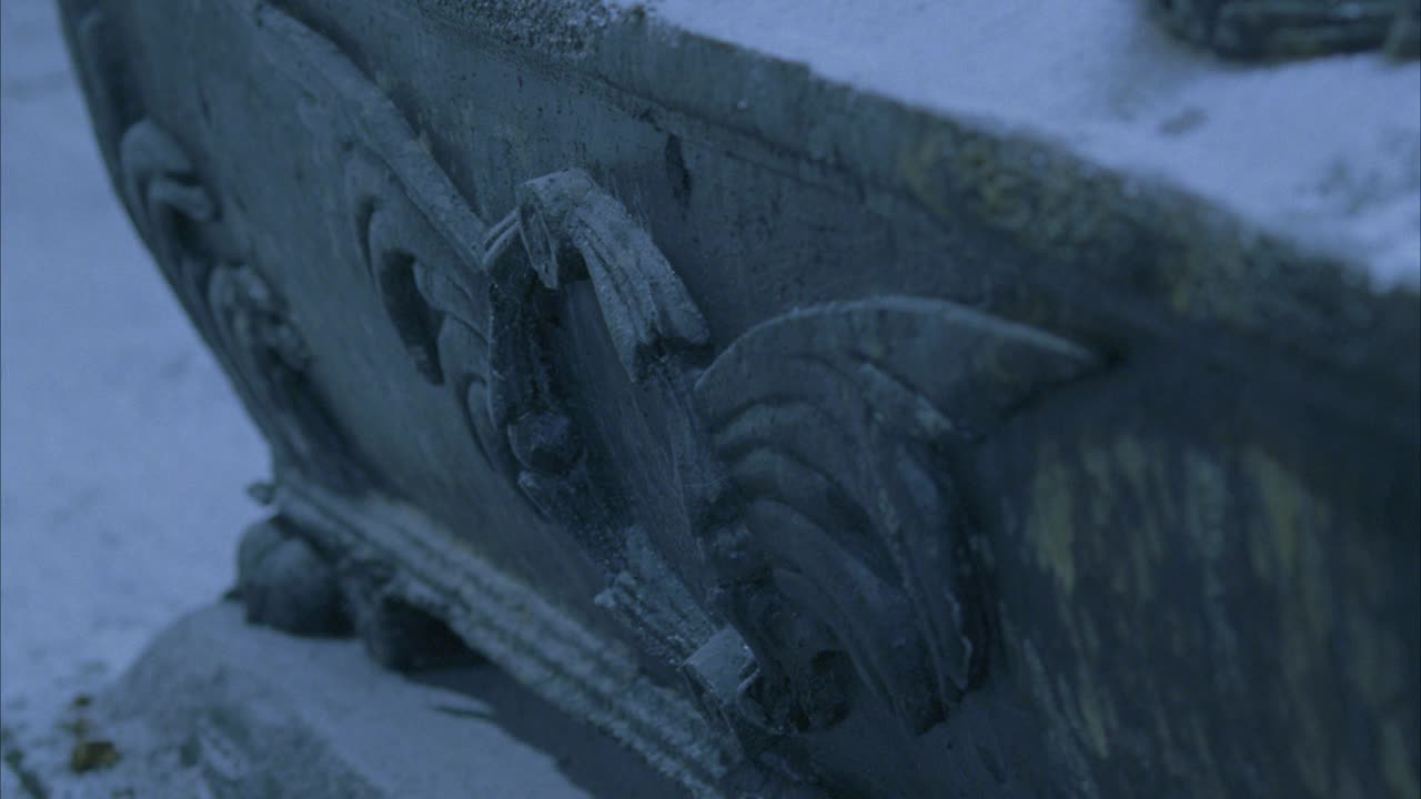 石棺盖上的平底锅。棺材底座上雕刻着骷髅头，口中衔着月桂树枝。雪盖住了棺材盖。视频下载